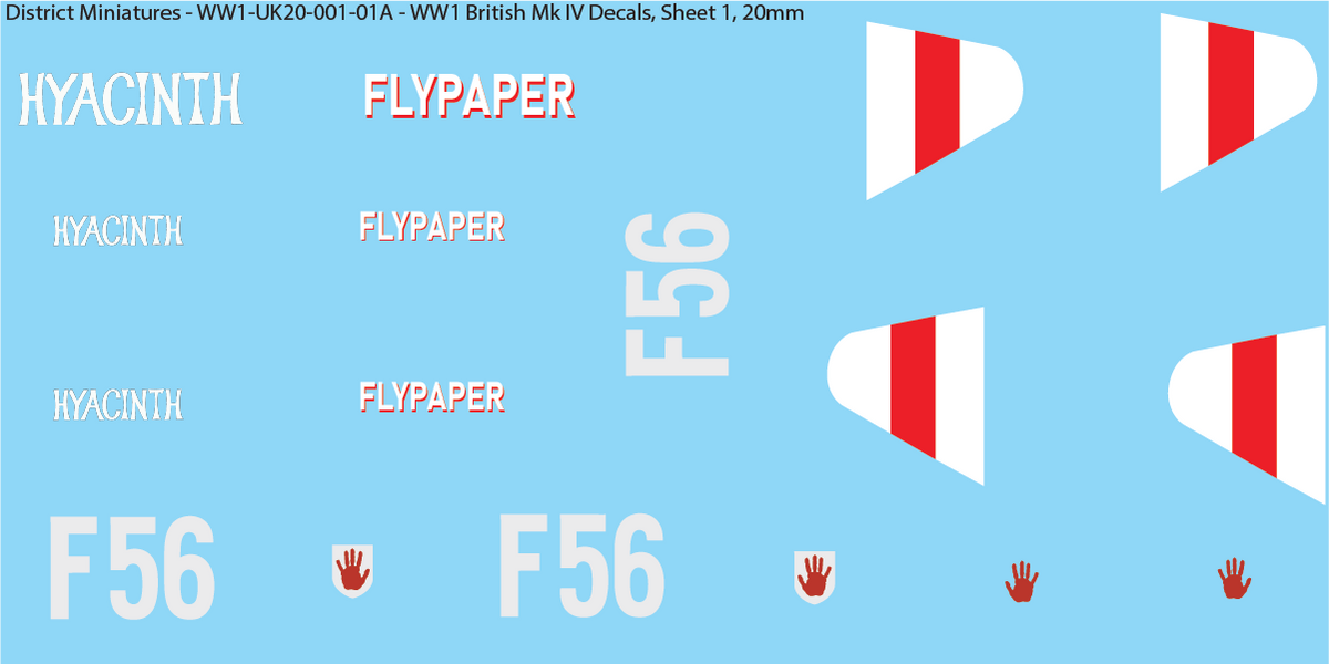 WW1 British Mk IV Decals, Sheet 1, Hyacinth and Fly Paper, 20mm