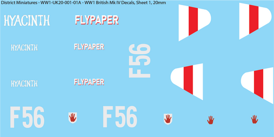 WW1 British Mk IV Decals, Sheet 1, Hyacinth and Fly Paper, 20mm