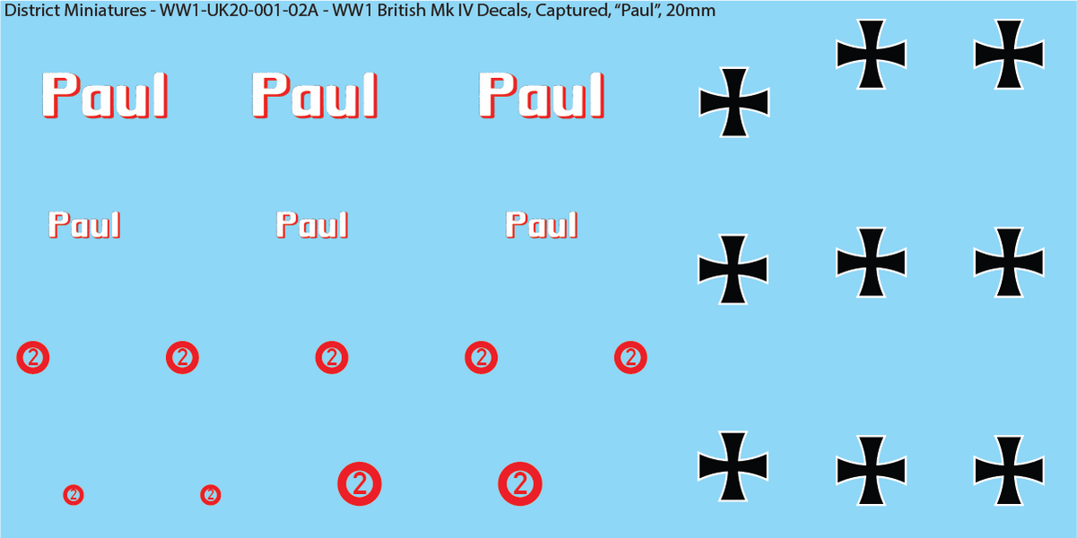 WW1 British Mk IV Decals, Sheet 2, Captured Paul, 20mm