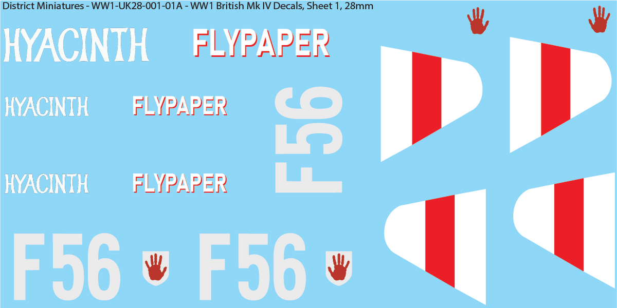 WW1 British Mk IV Decals, Sheet 1, Hyacinth and Fly Paper, 28mm