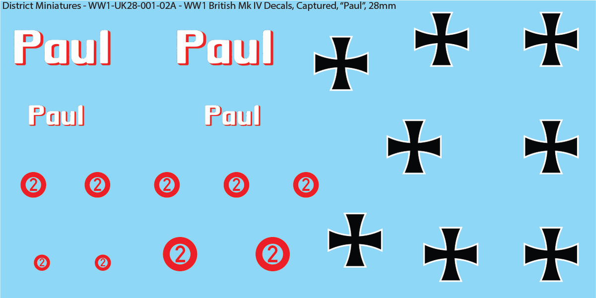WW1 British Mk IV Decals, Sheet 2, Captured Paul, 28mm