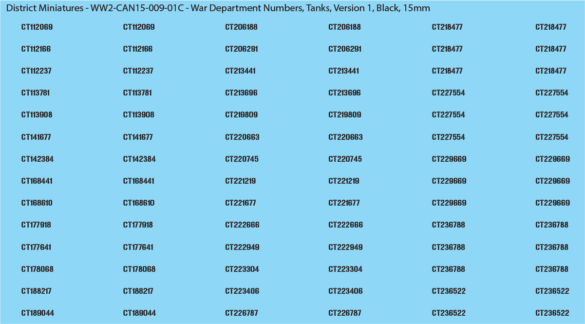 WW2 Canada - Canadian War Dept Numbers, Tanks, 15mm Decals