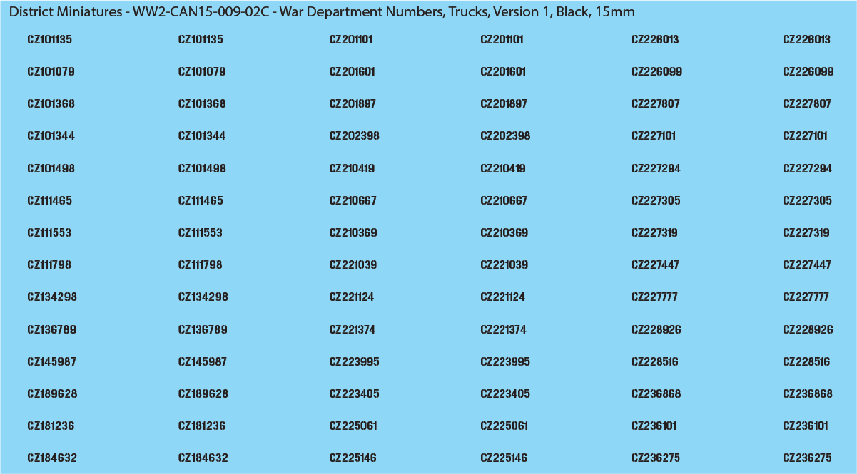 WW2 Canada - Canadian War Dept Numbers, Trucks, 15mm Decals