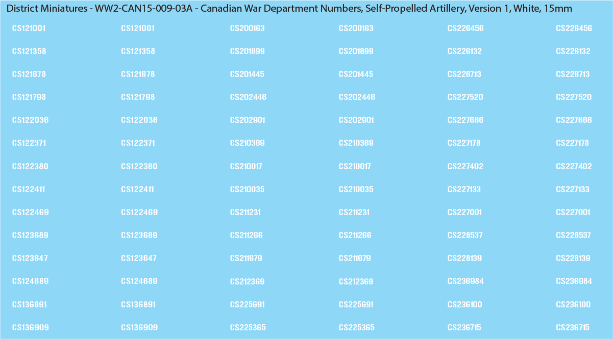 WW2 Canada - Canadian War Dept Numbers, Self-Propelled Artillery, 15mm Decals