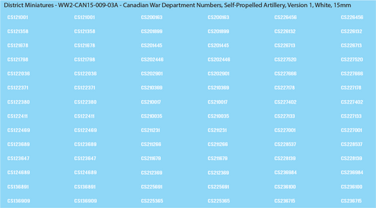 WW2 Canada - Canadian War Dept Numbers, Self-Propelled Artillery, 15mm Decals