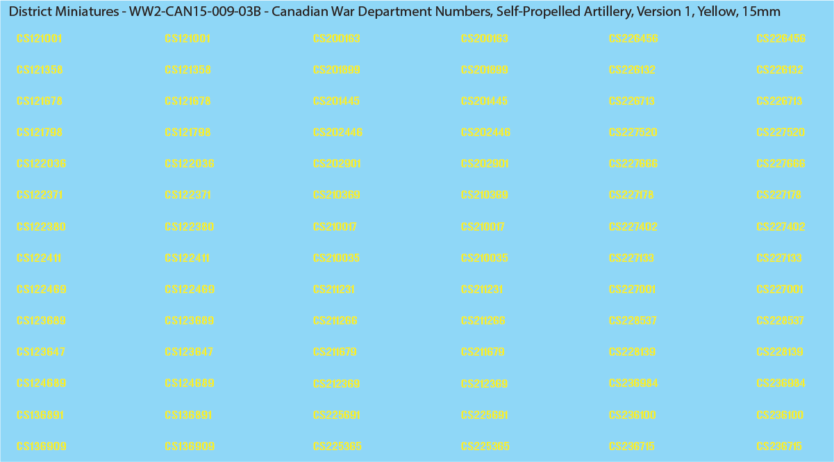 WW2 Canada - Canadian War Dept Numbers, Self-Propelled Artillery, 15mm Decals