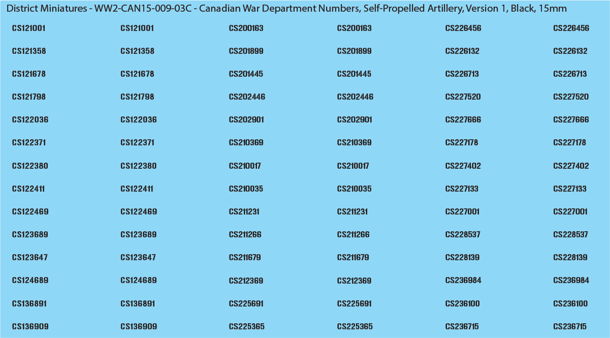 WW2 Canada - Canadian War Dept Numbers, Self-Propelled Artillery, 15mm Decals