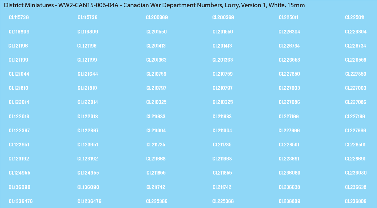 WW2 Canada - Canadian War Dept Numbers, Lorry, 15mm Decals