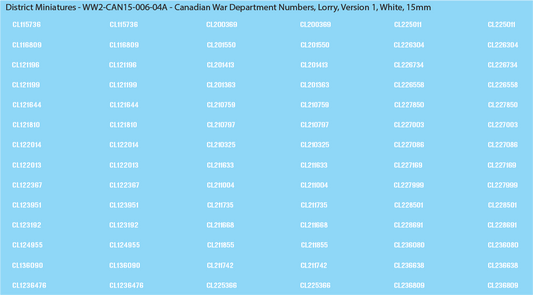 WW2 Canada - Canadian War Dept Numbers, Lorry, 15mm Decals