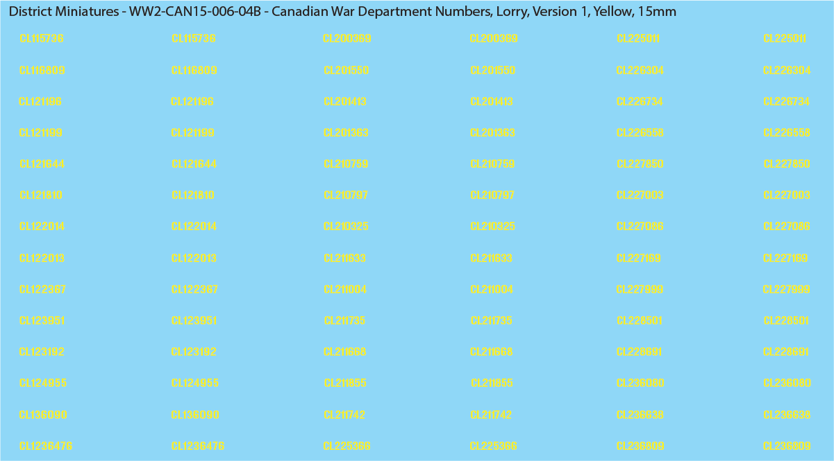 WW2 Canada - Canadian War Dept Numbers, Lorry, 15mm Decals