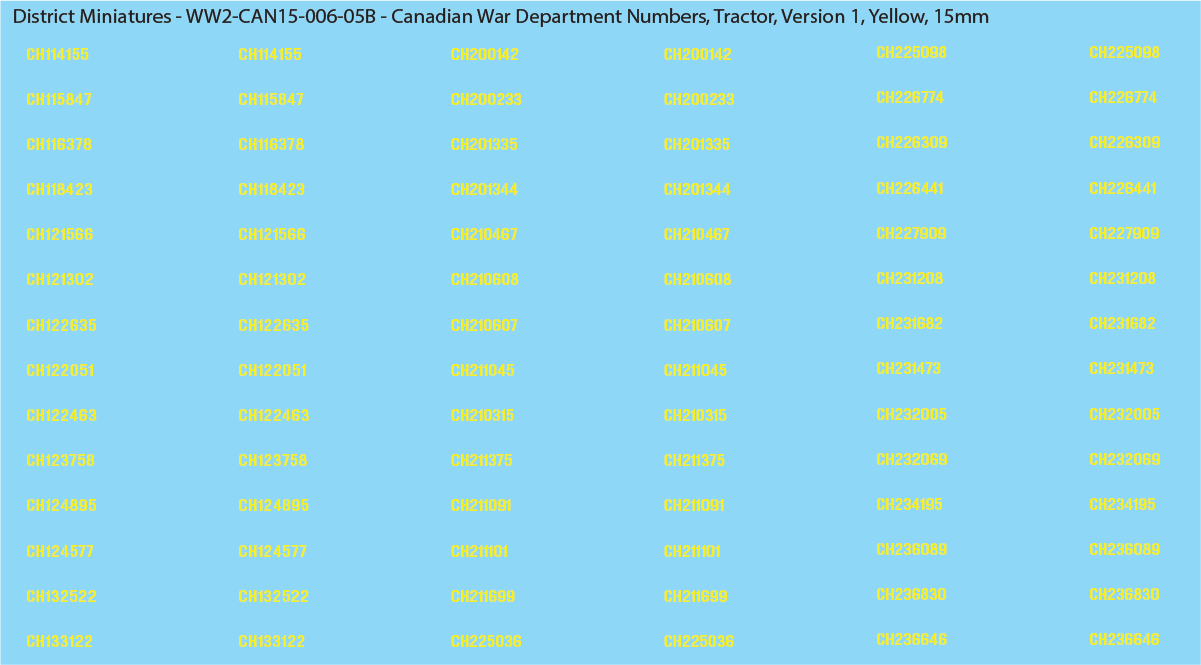 WW2 Canada - Canadian War Dept Numbers, Tractor, 15mm Decals