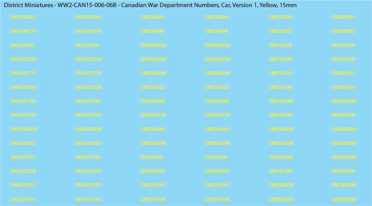 WW2 Canada - Canadian War Dept Numbers, Car, 15mm Decals