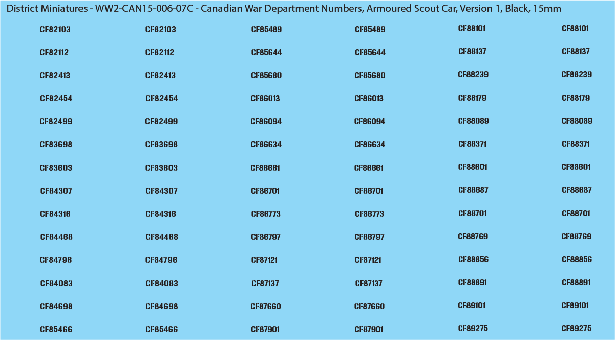 WW2 Canada - Canadian War Dept Numbers, Armoured Scout Car, 15mm Decals