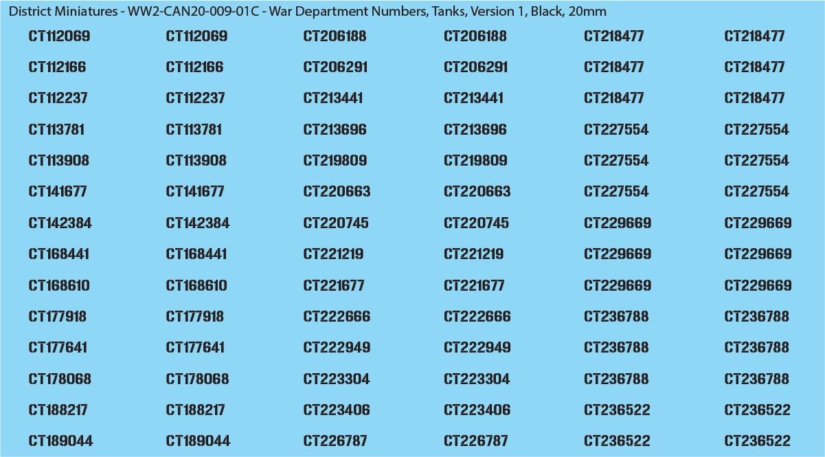 WW2 Canada - Canadian War Dept Numbers, Tanks, 20mm Decals