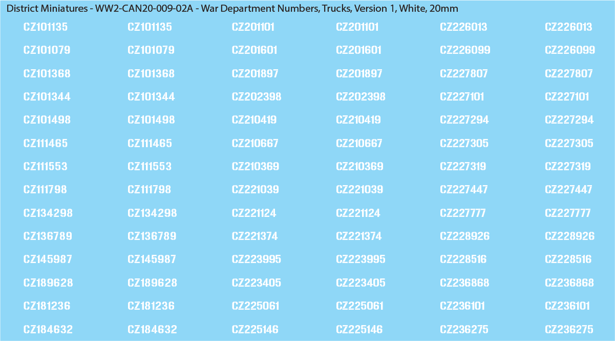 WW2 Canada - Canadian War Dept Numbers, Trucks, 20mm Decals