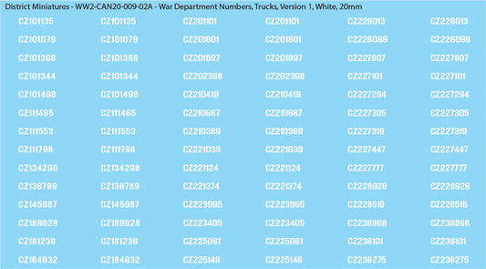 WW2 Canada - Canadian War Dept Numbers, Trucks, 20mm Decals