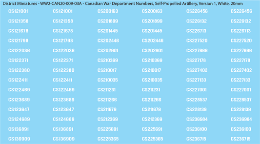 WW2 Canada - Canadian War Dept Numbers, Self-Propelled Artillery, 20mm Decals