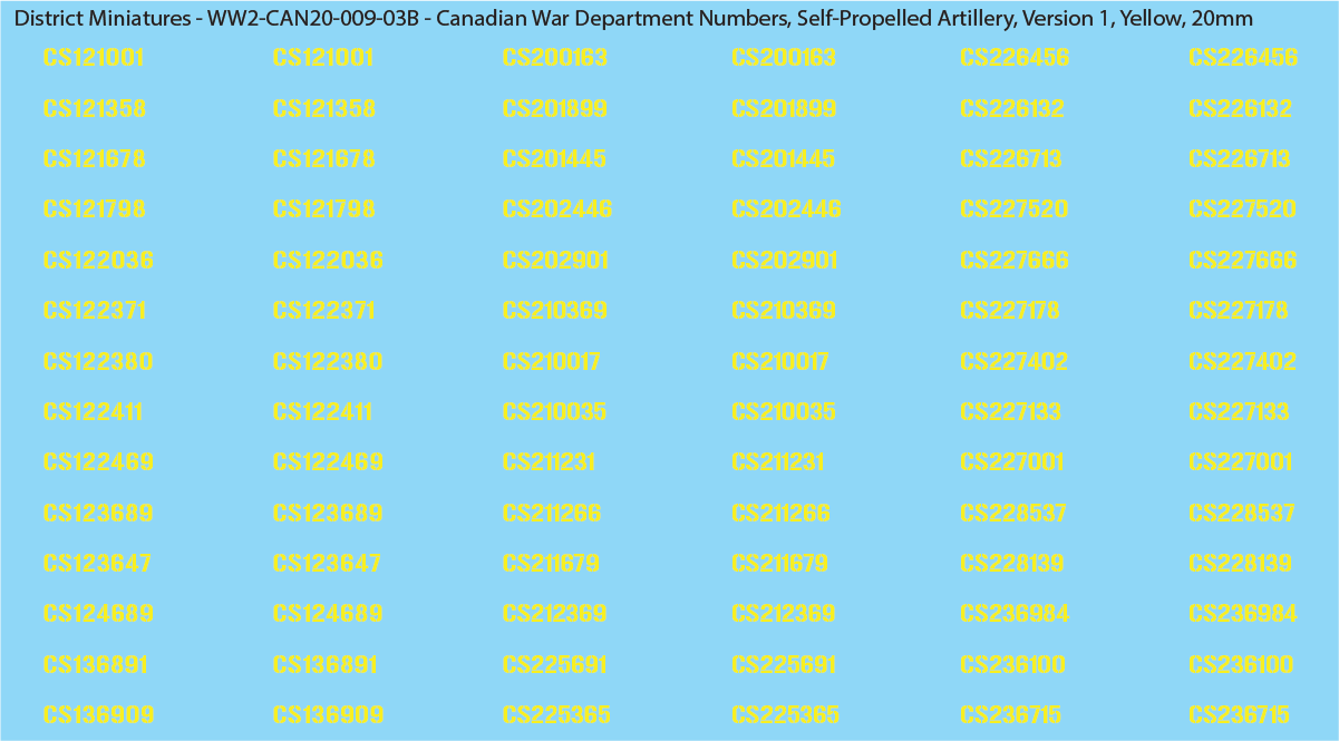 WW2 Canada - Canadian War Dept Numbers, Self-Propelled Artillery, 20mm Decals