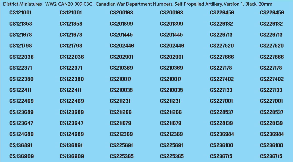 WW2 Canada - Canadian War Dept Numbers, Self-Propelled Artillery, 20mm Decals