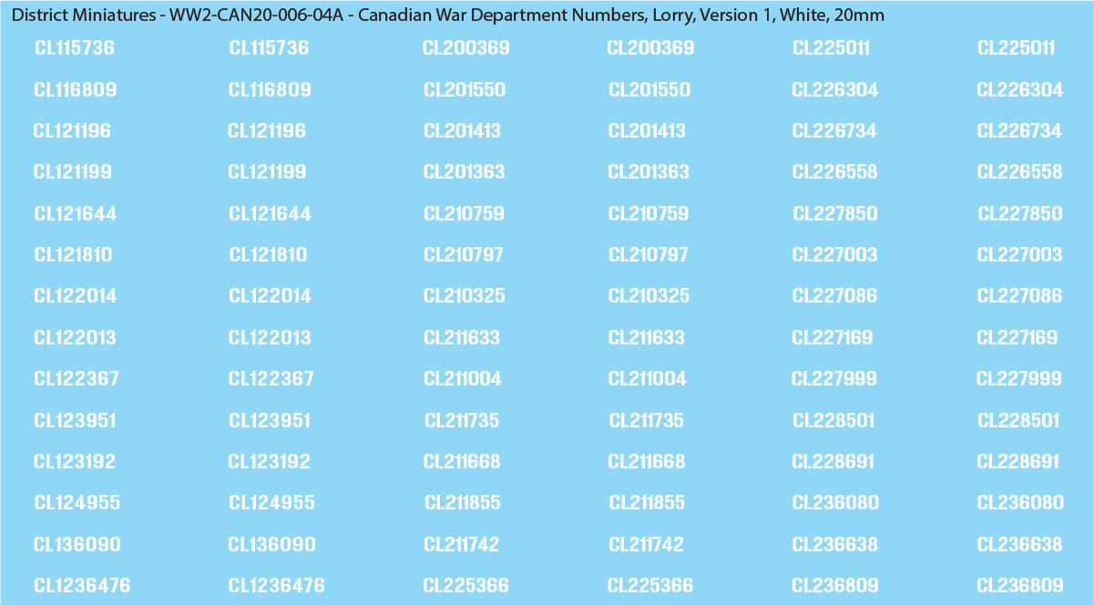 WW2 Canada - Canadian War Dept Numbers, Lorry, 20mm Decals