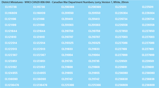 WW2 Canada - Canadian War Dept Numbers, Lorry, 20mm Decals