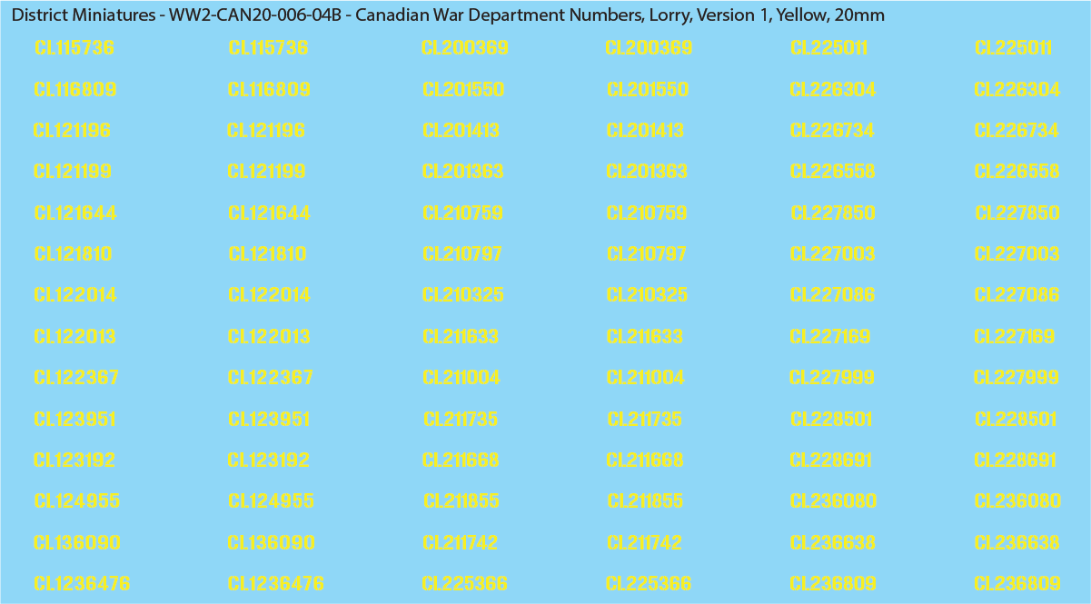 WW2 Canada - Canadian War Dept Numbers, Lorry, 20mm Decals