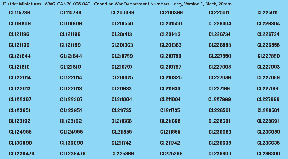 WW2 Canada - Canadian War Dept Numbers, Lorry, 20mm Decals