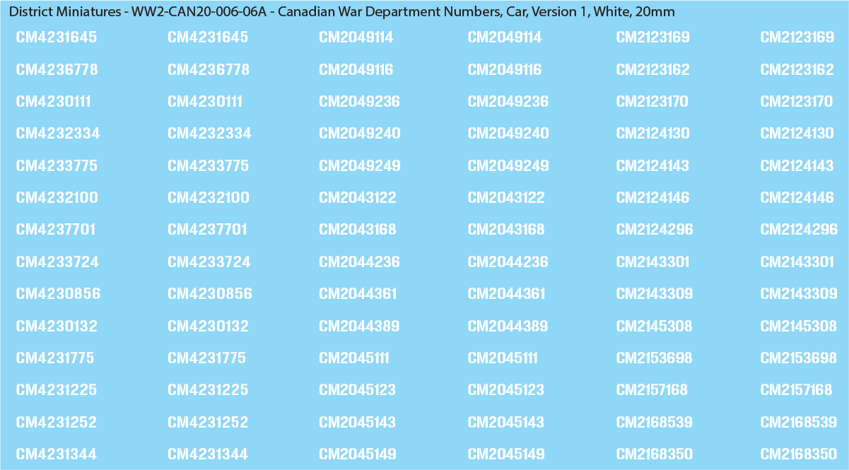 WW2 Canada - Canadian War Dept Numbers, Car, 20mm Decals