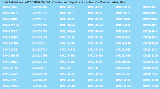 WW2 Canada - Canadian War Dept Numbers, Car, 20mm Decals