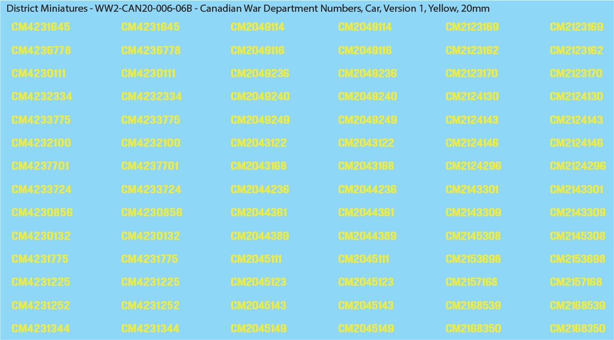 WW2 Canada - Canadian War Dept Numbers, Car, 20mm Decals