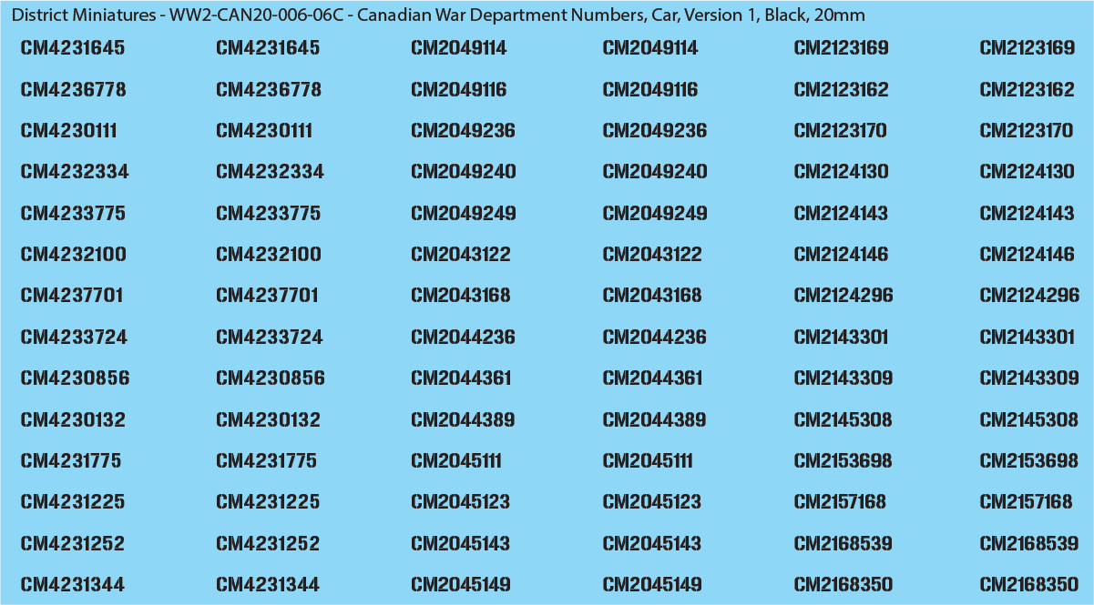 WW2 Canada - Canadian War Dept Numbers, Car, 20mm Decals