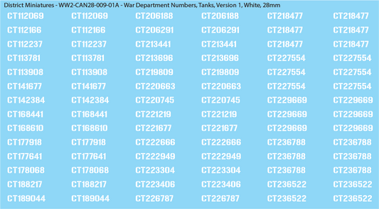 WW2 Canada - Canadian War Dept Numbers, Tanks, 28mm Decals