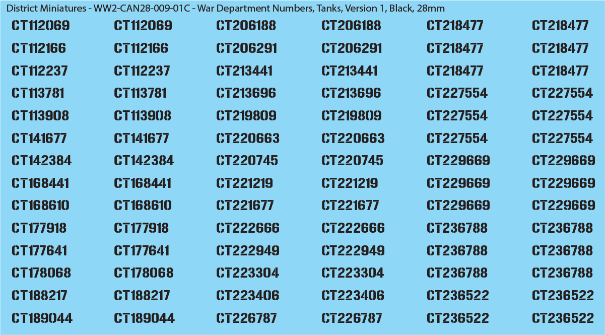 WW2 Canada - Canadian War Dept Numbers, Tanks, 28mm Decals