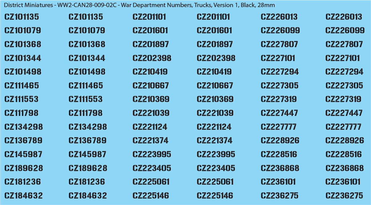WW2 Canada - Canadian War Dept Numbers, Trucks, 28mm Decals