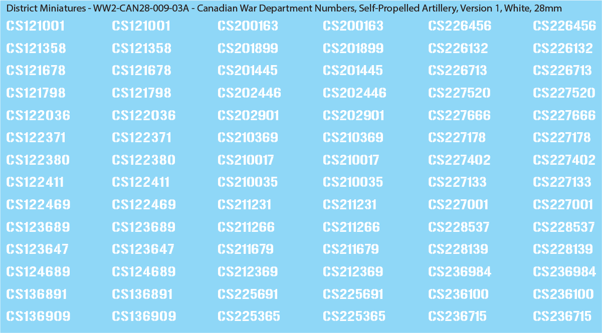 WW2 Canada - Canadian War Dept Numbers, Self-Propelled Artillery, 28mm Decals