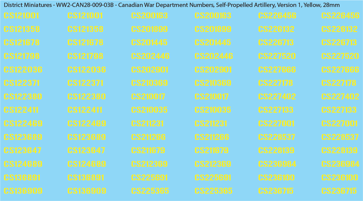 WW2 Canada - Canadian War Dept Numbers, Self-Propelled Artillery, 28mm Decals