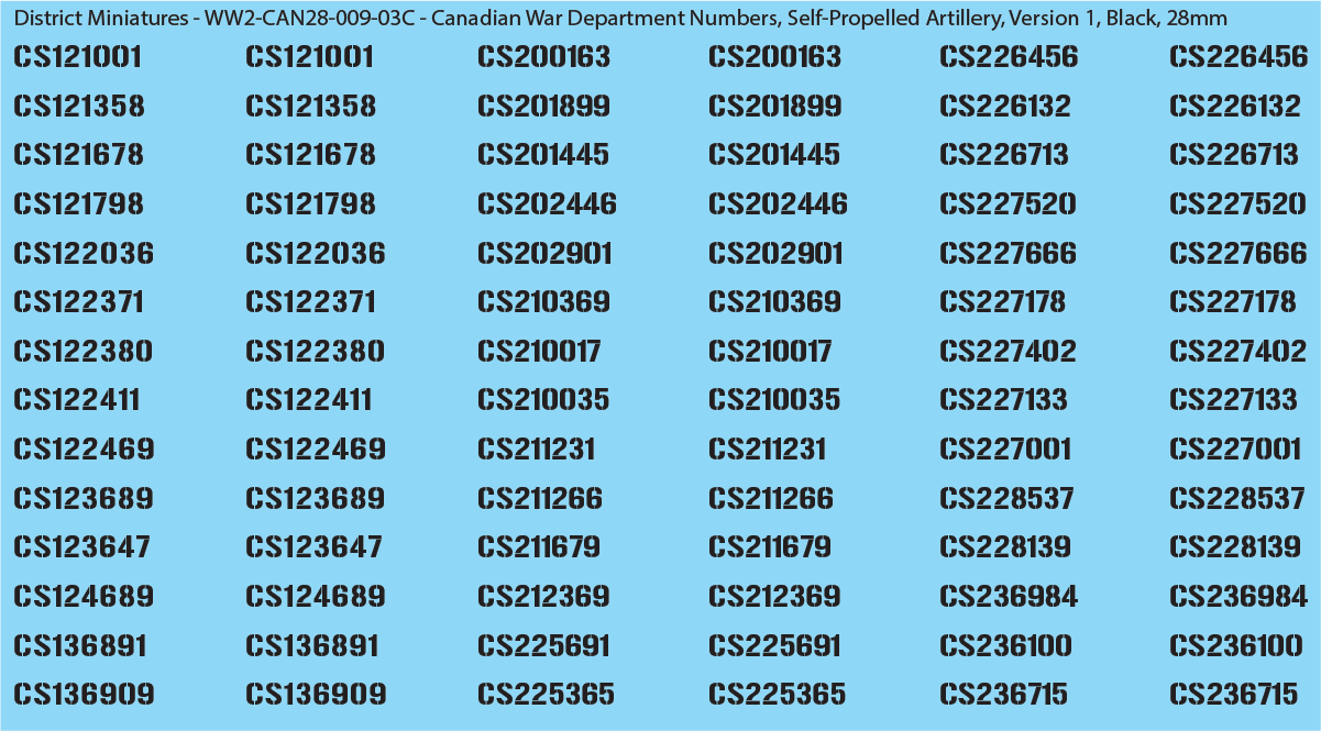 WW2 Canada - Canadian War Dept Numbers, Self-Propelled Artillery, 28mm Decals