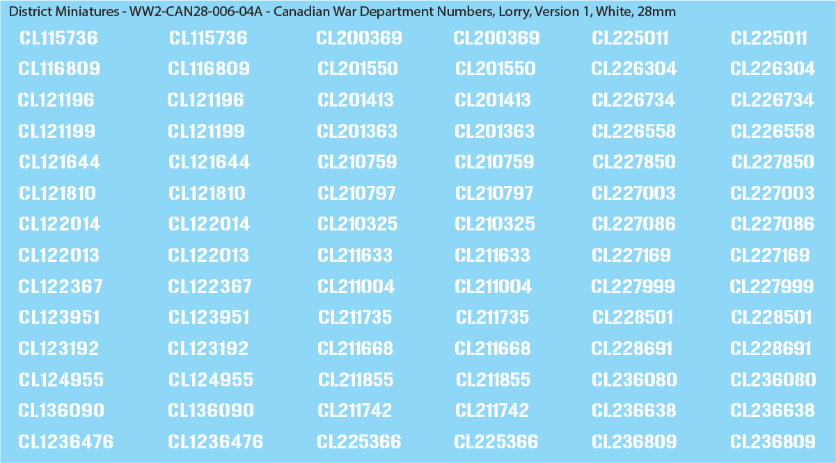 WW2 Canada - Canadian War Dept Numbers, Lorry, 28mm Decals