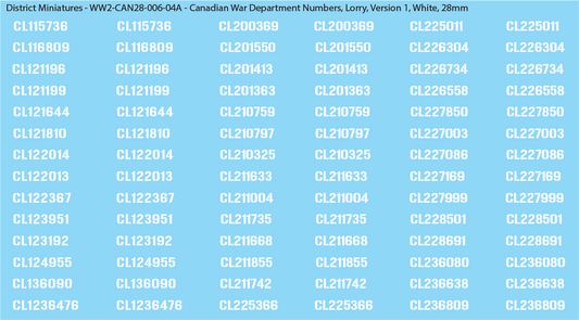 WW2 Canada - Canadian War Dept Numbers, Lorry, 28mm Decals