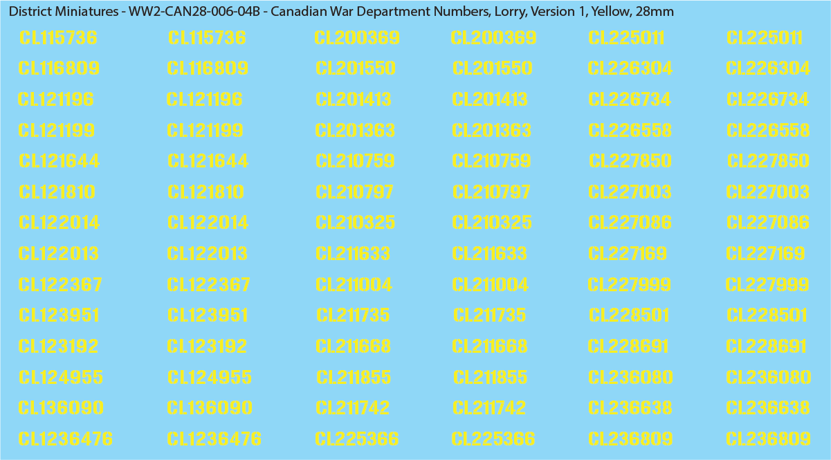 WW2 Canada - Canadian War Dept Numbers, Lorry, 28mm Decals