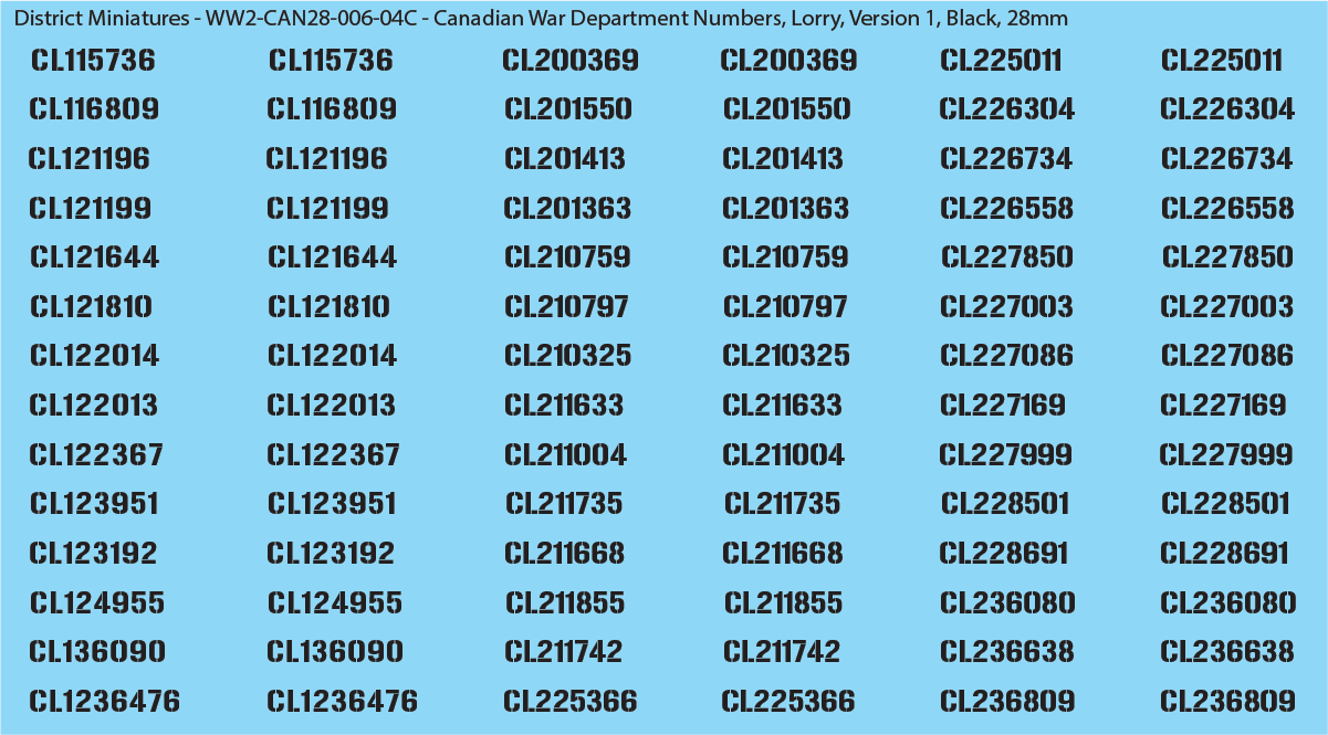 WW2 Canada - Canadian War Dept Numbers, Lorry, 28mm Decals
