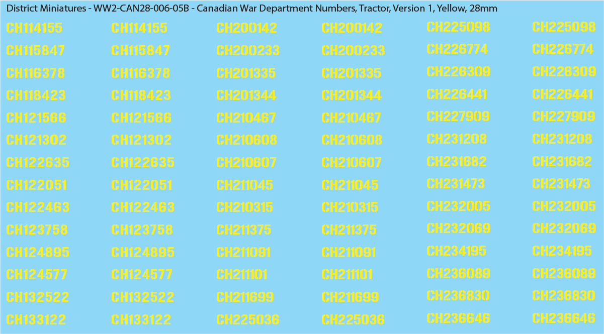 WW2 Canada - Canadian War Dept Numbers, Tractor, 28mm Decals