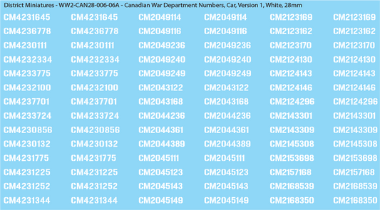 WW2 Canada - Canadian War Dept Numbers, Car, 28mm Decals