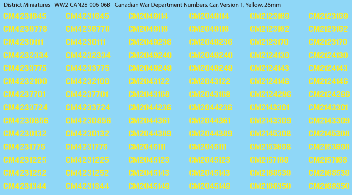 WW2 Canada - Canadian War Dept Numbers, Car, 28mm Decals