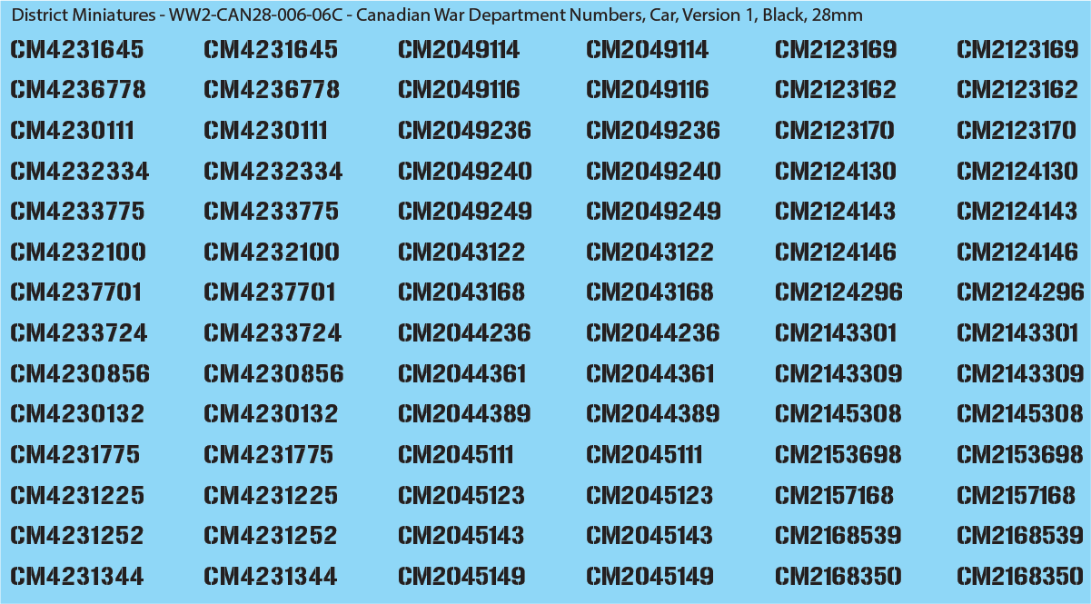 WW2 Canada - Canadian War Dept Numbers, Car, 28mm Decals