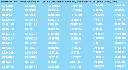 WW2 Canada - Canadian War Dept Numbers, Armoured Scout Car, 28mm Decals