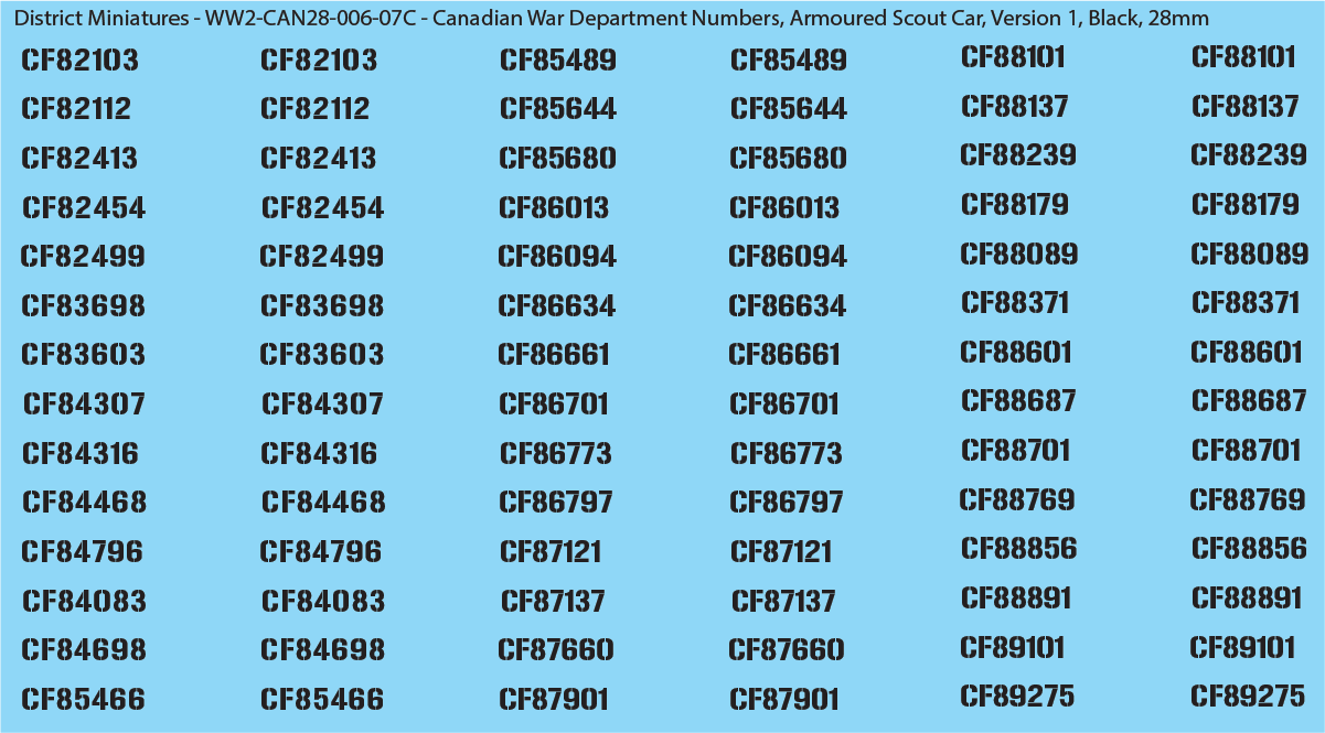WW2 Canada - Canadian War Dept Numbers, Armoured Scout Car, 28mm Decals
