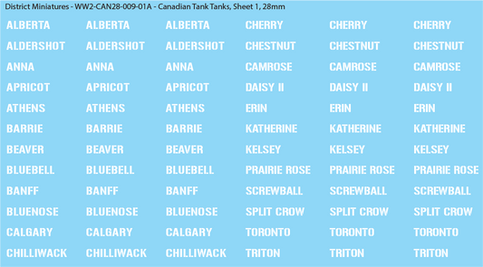 WW2 Canada - Canadian Tank Names, 28mm Decals