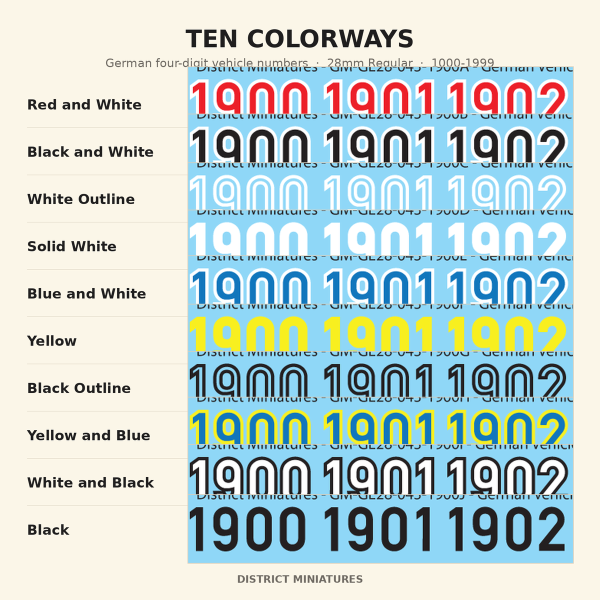 Ten colorways — German four-digit vehicle numbers, 28mm Regular