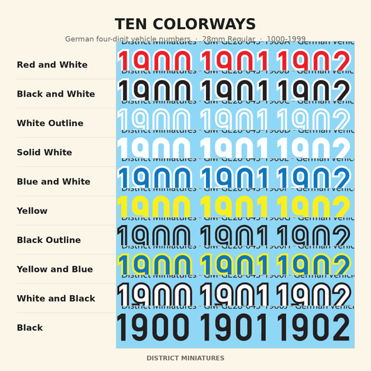 Ten colorways — German four-digit vehicle numbers, 28mm Regular